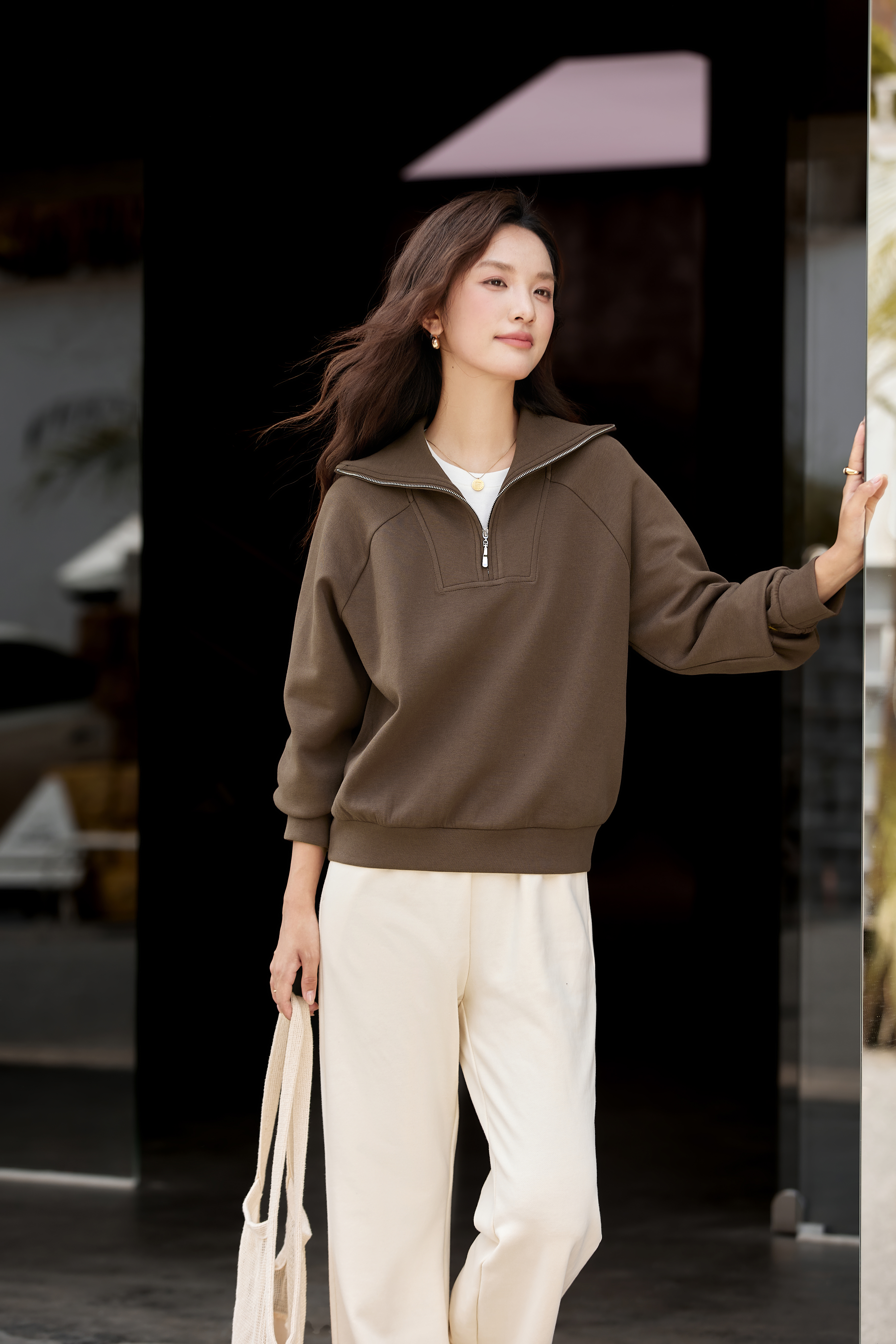 Retro Zip-Collar Pullover Sweatshirt-VIMLYSTORE