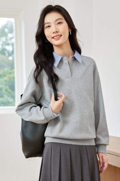School Style Spliced Lapel Sweatshirt