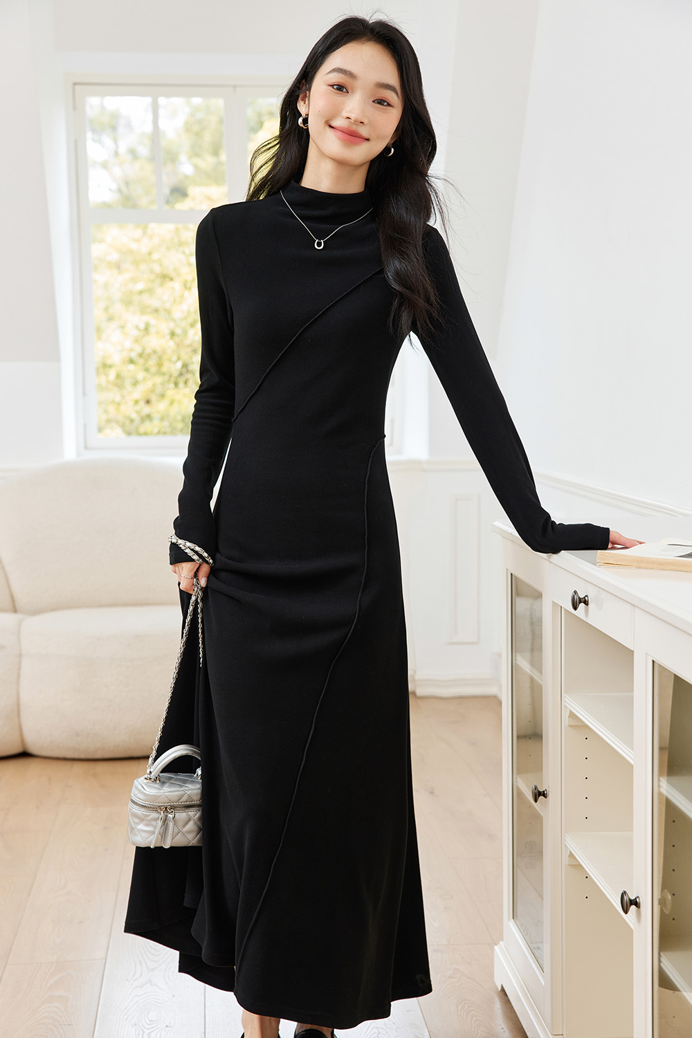 Semi-High Neck Knitted Dress-VIMLYSTORE