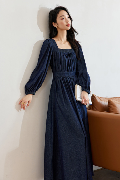 French Square-Neck Denim Dress