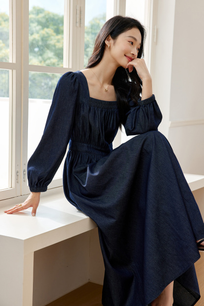 French Square-Neck Denim Dress