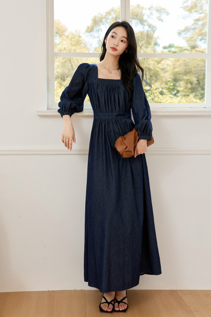 French Square-Neck Denim Dress