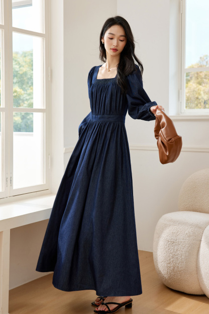 French Square-Neck Denim Dress