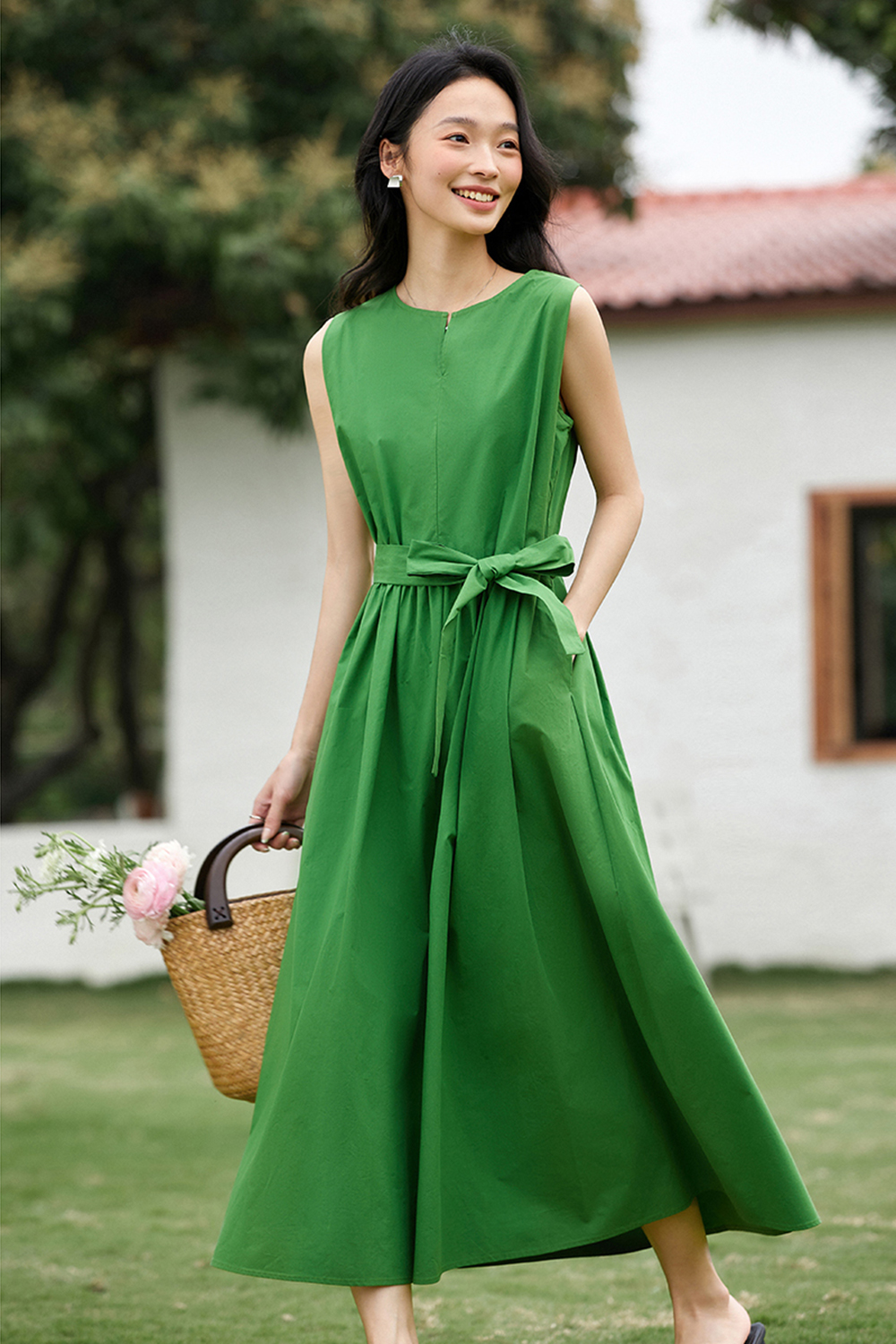 100% Cotton Premium Waist-cinching Sleeveless Maxi Dress-VIMLYSTORE