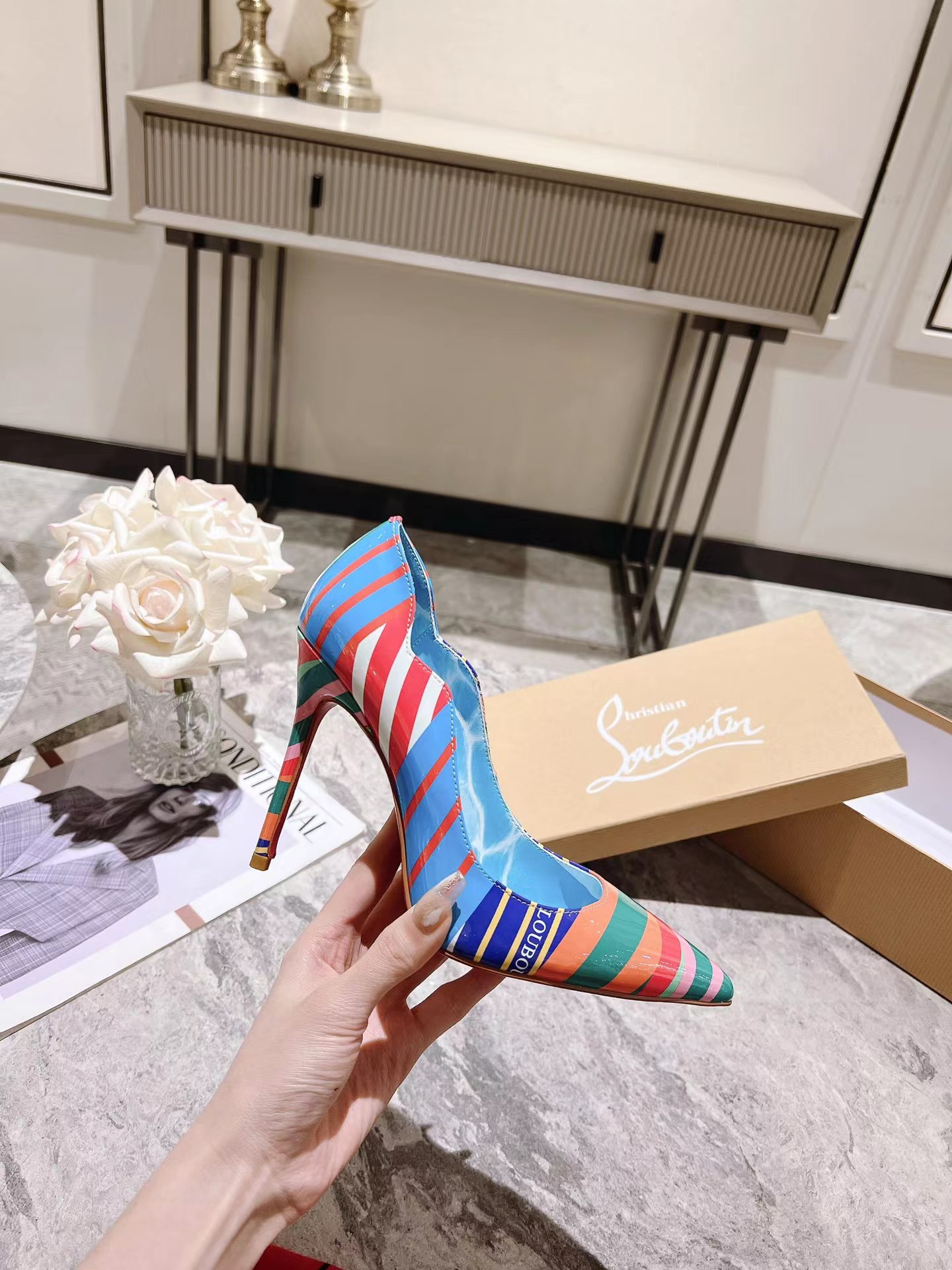 Hot Chick Striped Patent Pumps 100 mm