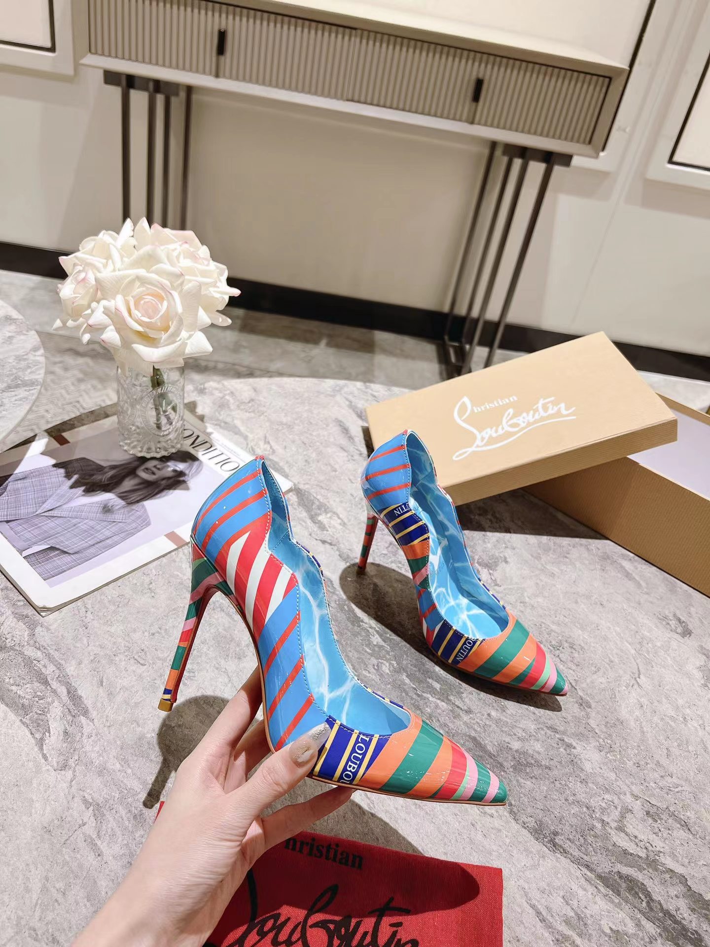 Hot Chick Striped Patent Pumps 100 mm