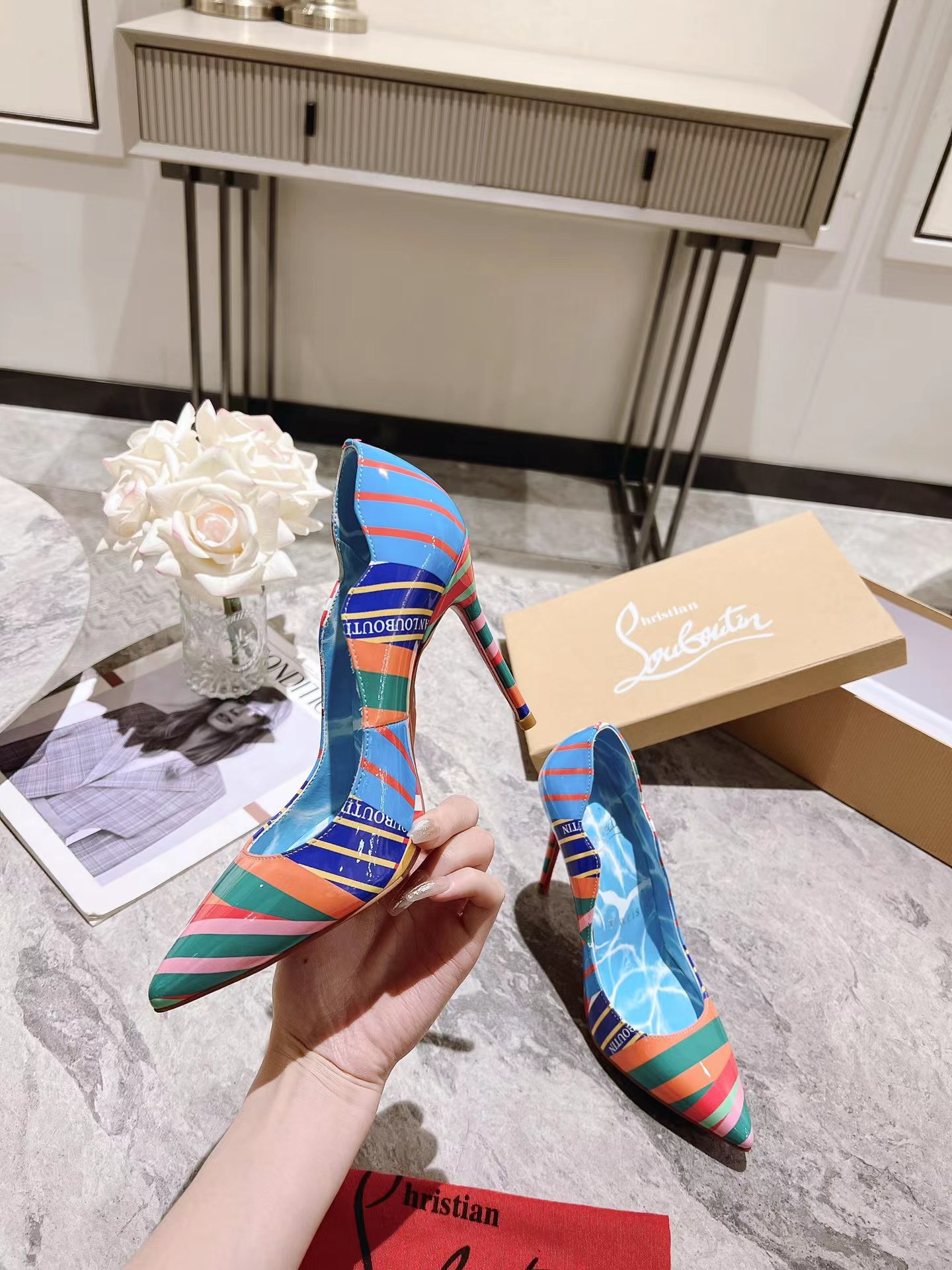 Hot Chick Striped Patent Pumps 100 mm