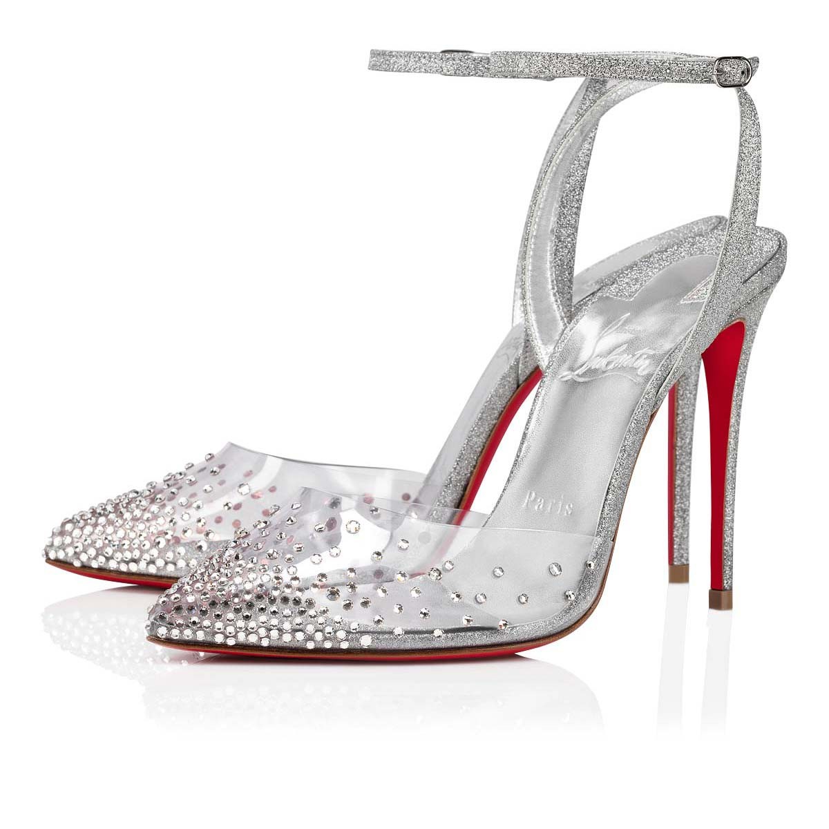 Spikaqueen 100 mm PVC Calf Leather and Strass Silver Pumps