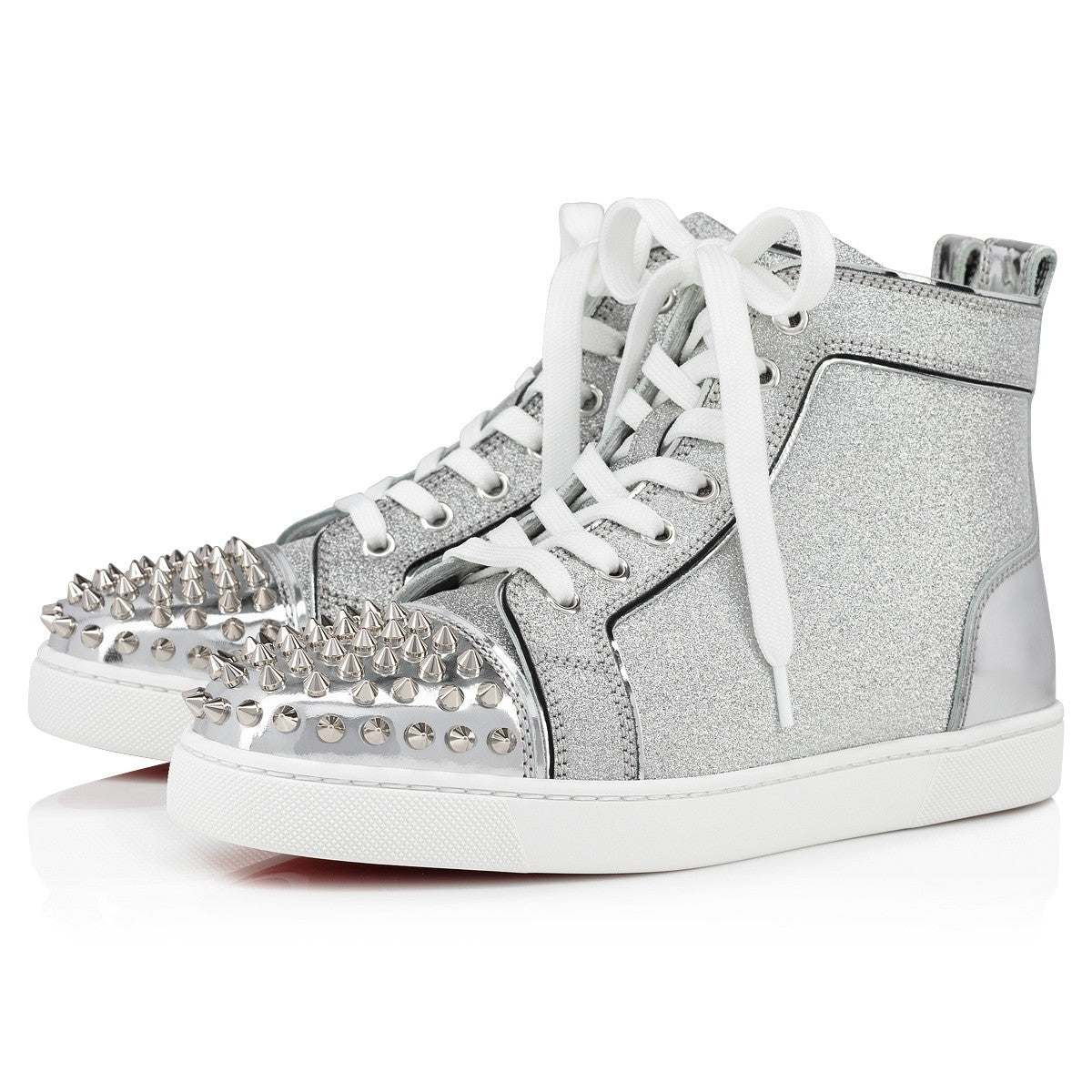 Lou Spikes Woman Specchio Leather and Glittered Calf Leather Silver High-top Sneakers