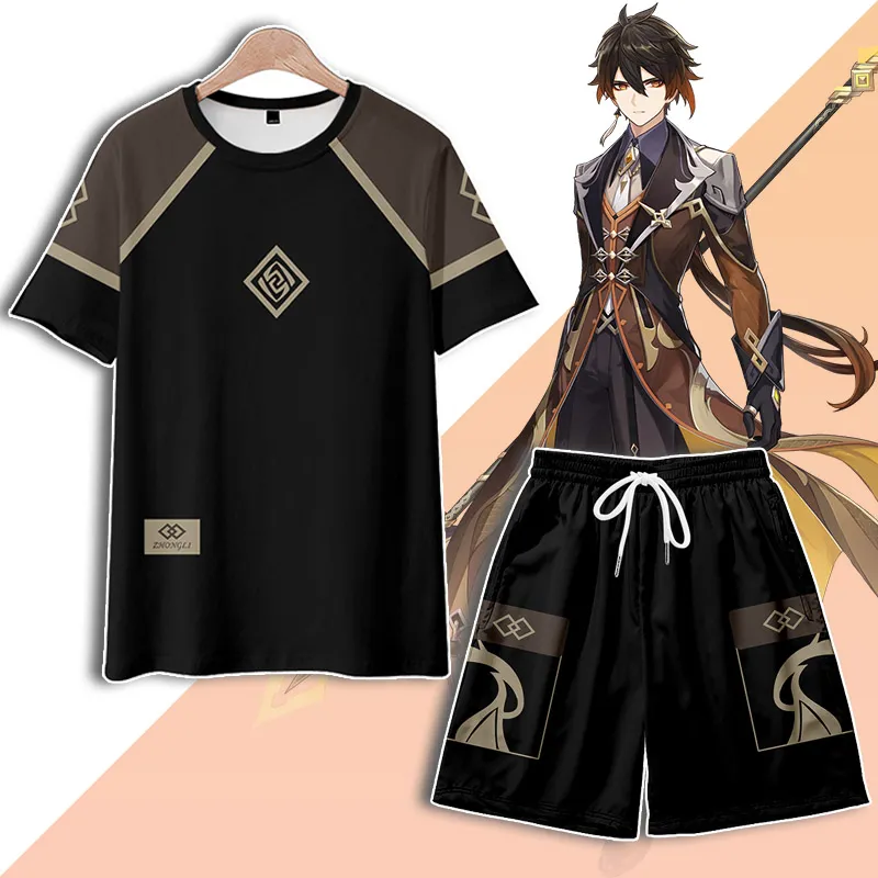 原神鍾離のプリントトレンディなゆったりシャツ＆ショートパンツ