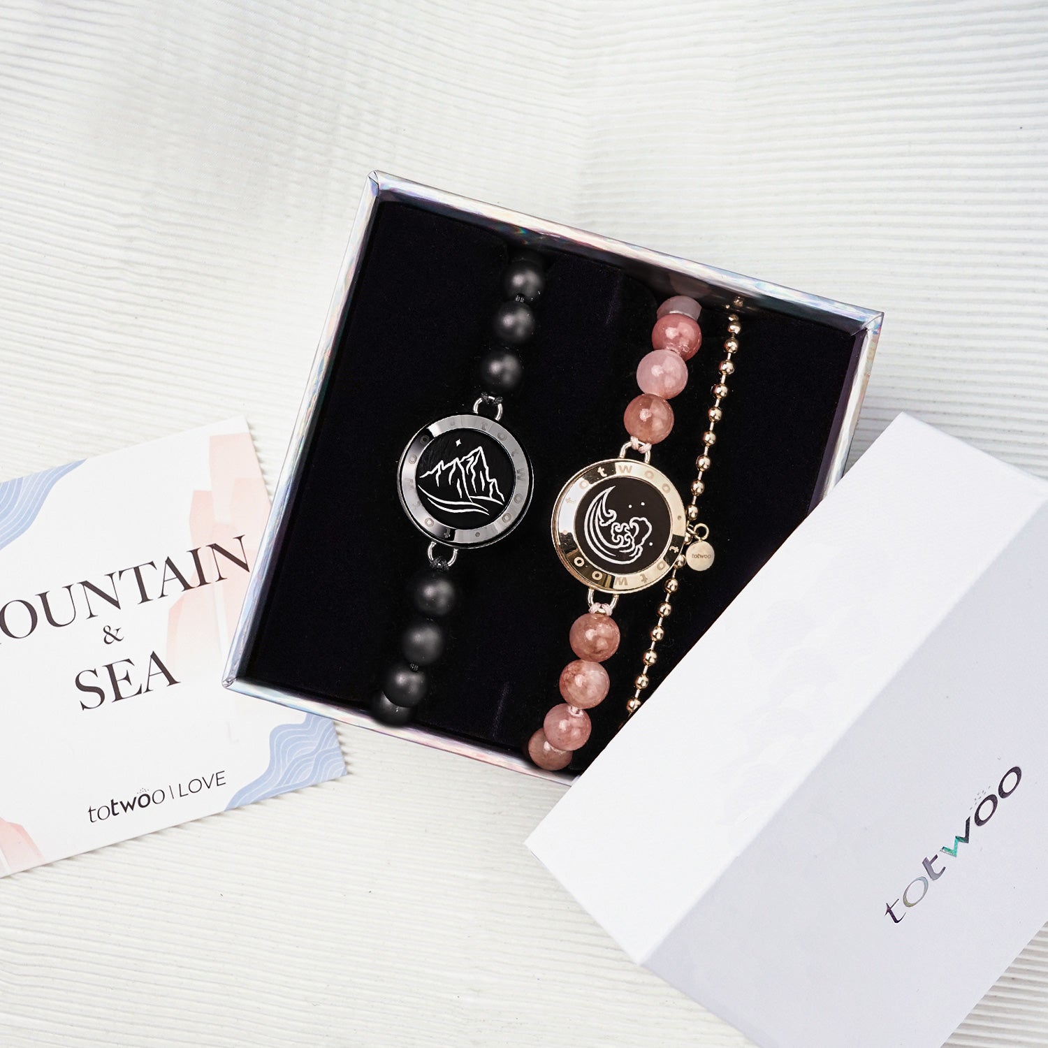 Mountain&Sea Touch Bracelets with Beaded Black Agate and Pink Persian Jade