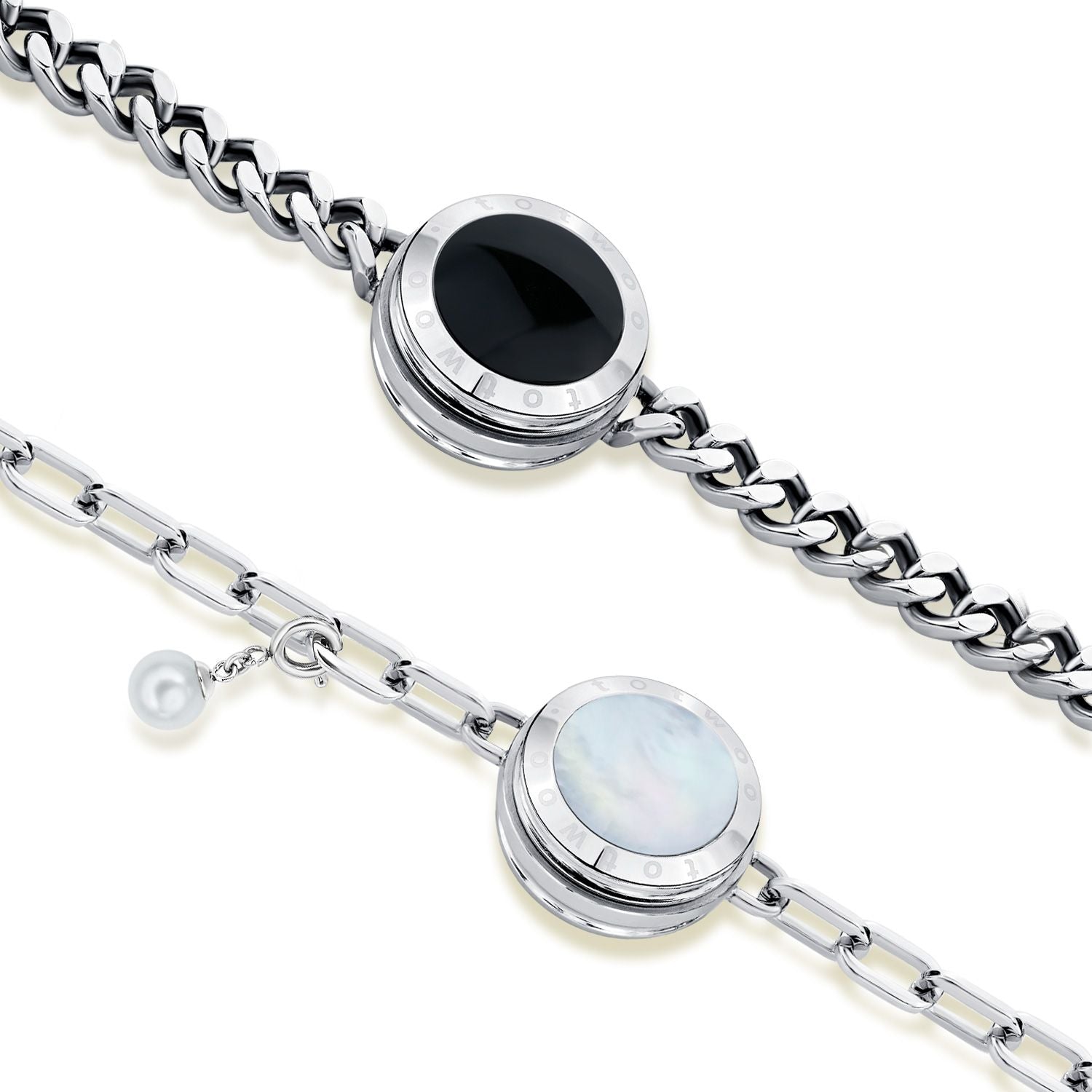 Soulmate 2.0 Touch Bracelets Black Obsidian with Cuban Chain Mother of Pearl with Link Chain