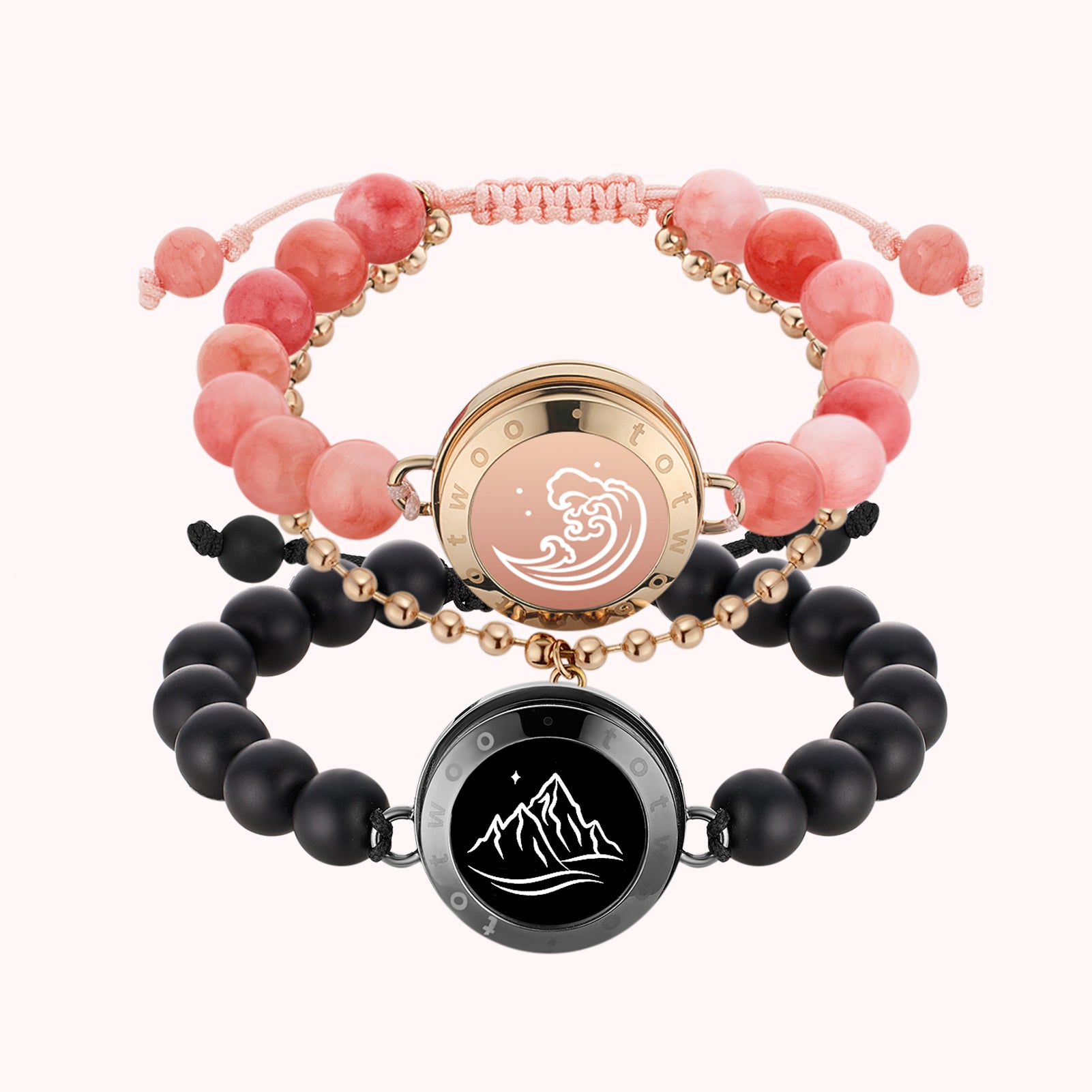 Mountain&Sea Touch Bracelets with Beaded Black Agate and Pink Persian Jade