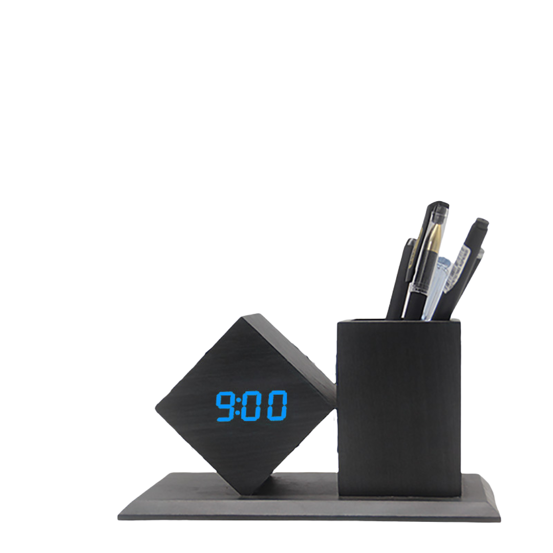 Wooden Desk Pen Holder with LED Clock Multifunctional, Silent Alarm