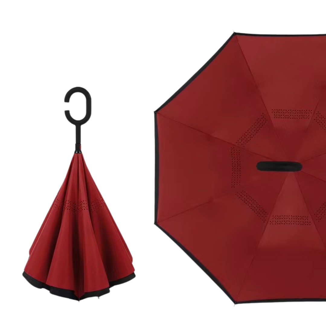 Reverse Straight Umbrella – Manual Double-Layer Canopy with C-Shaped Handle, Long Handle for Car Use, Sun & Rain Protection