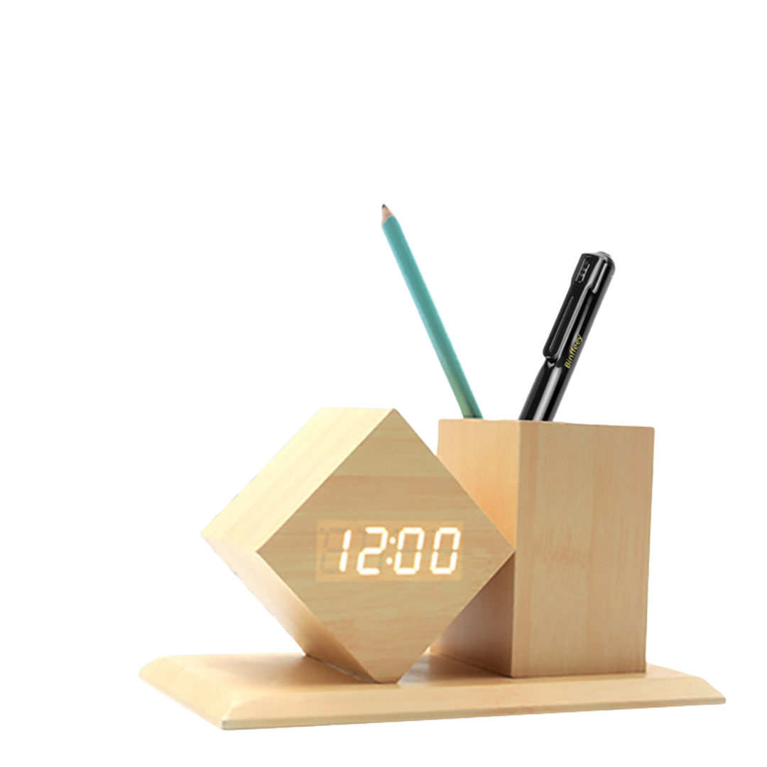 Wooden Desk Pen Holder with LED Clock Multifunctional, Silent Alarm