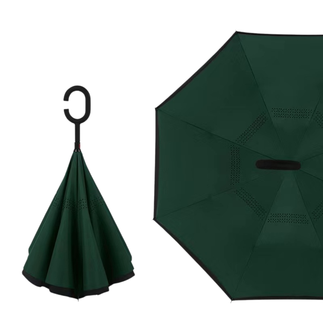 Reverse Straight Umbrella – Manual Double-Layer Canopy with C-Shaped Handle, Long Handle for Car Use, Sun & Rain Protection