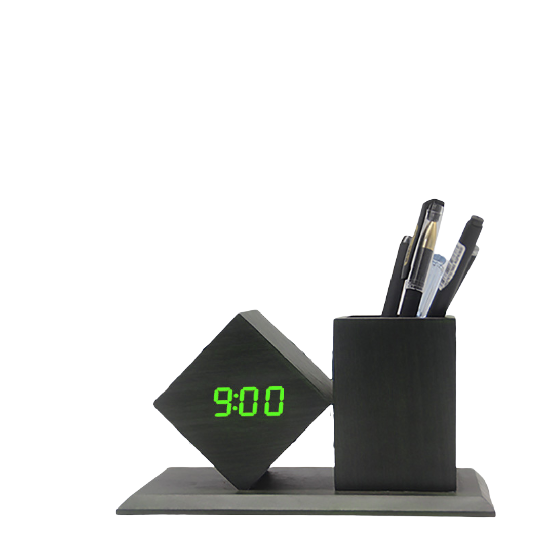 Wooden Desk Pen Holder with LED Clock Multifunctional, Silent Alarm