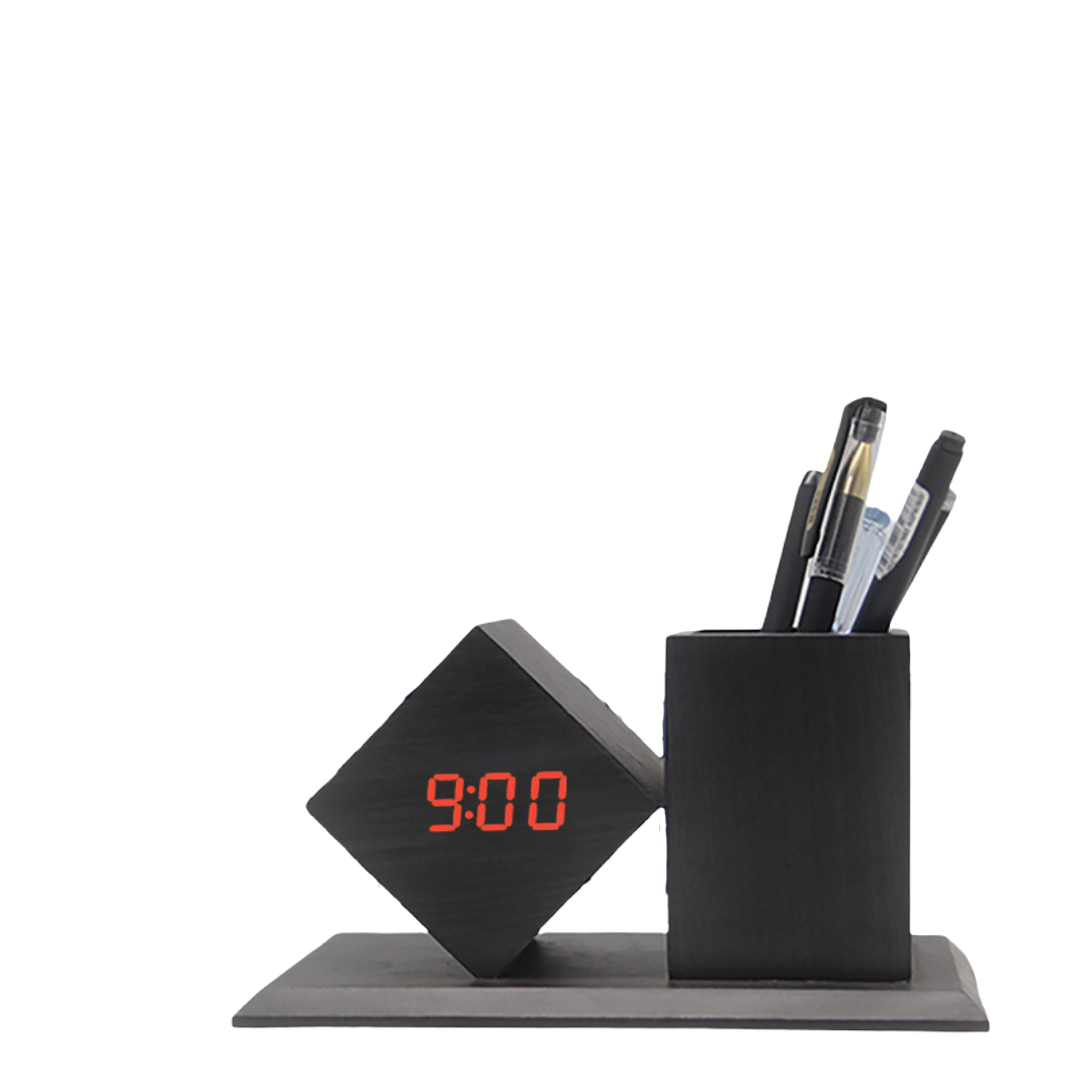 Wooden Desk Pen Holder with LED Clock Multifunctional, Silent Alarm