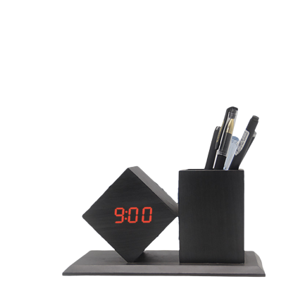 Wooden Desk Pen Holder with LED Clock Multifunctional, Silent Alarm