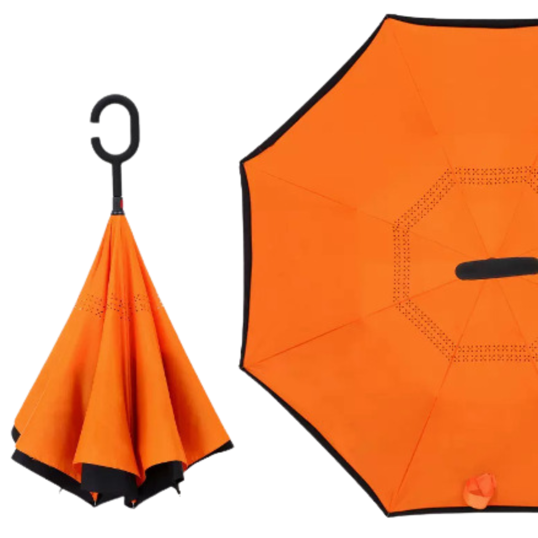 Reverse Straight Umbrella – Manual Double-Layer Canopy with C-Shaped Handle, Long Handle for Car Use, Sun & Rain Protection