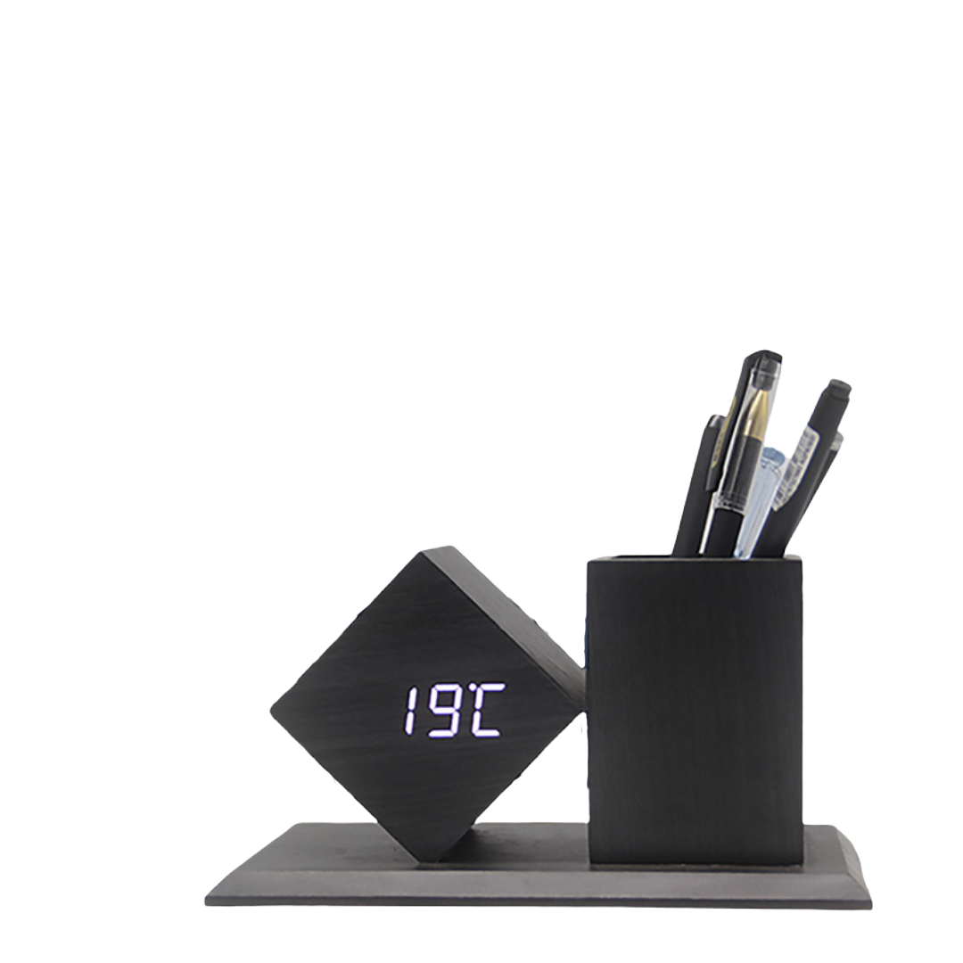 Wooden Desk Pen Holder with LED Clock Multifunctional, Silent Alarm