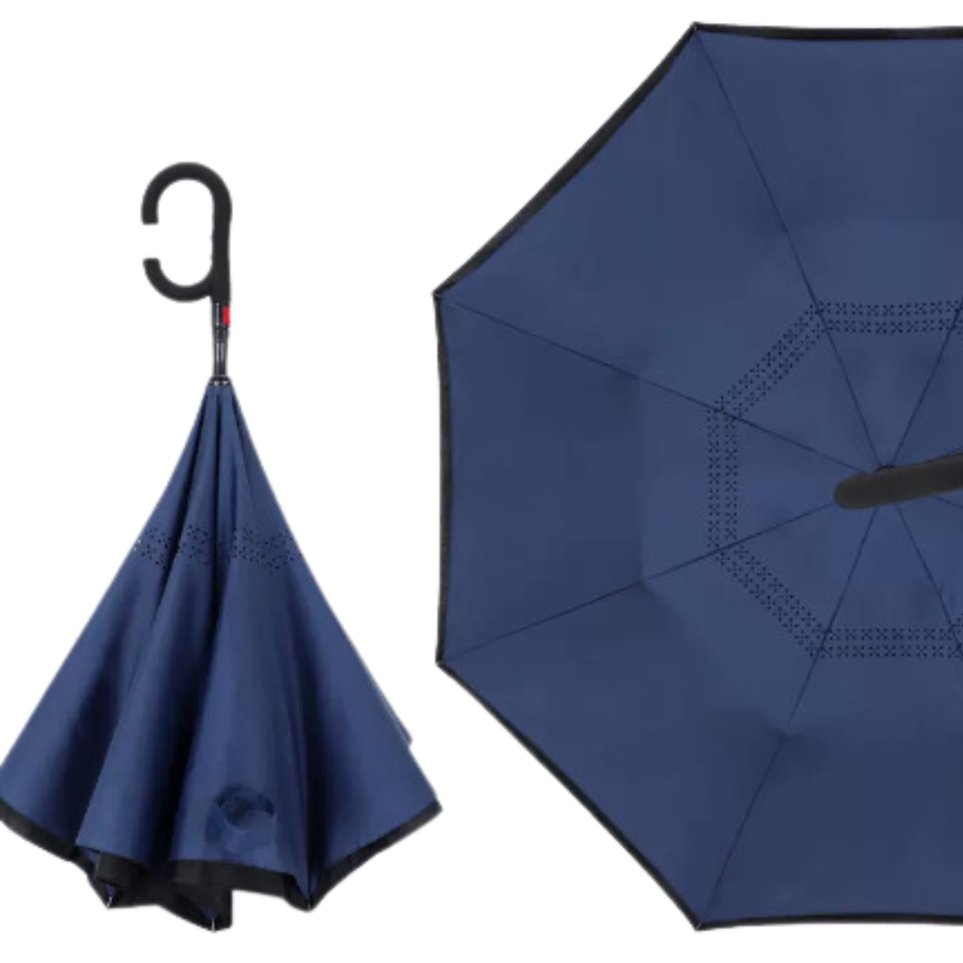 Reverse Straight Umbrella – Manual Double-Layer Canopy with C-Shaped Handle, Long Handle for Car Use, Sun & Rain Protection