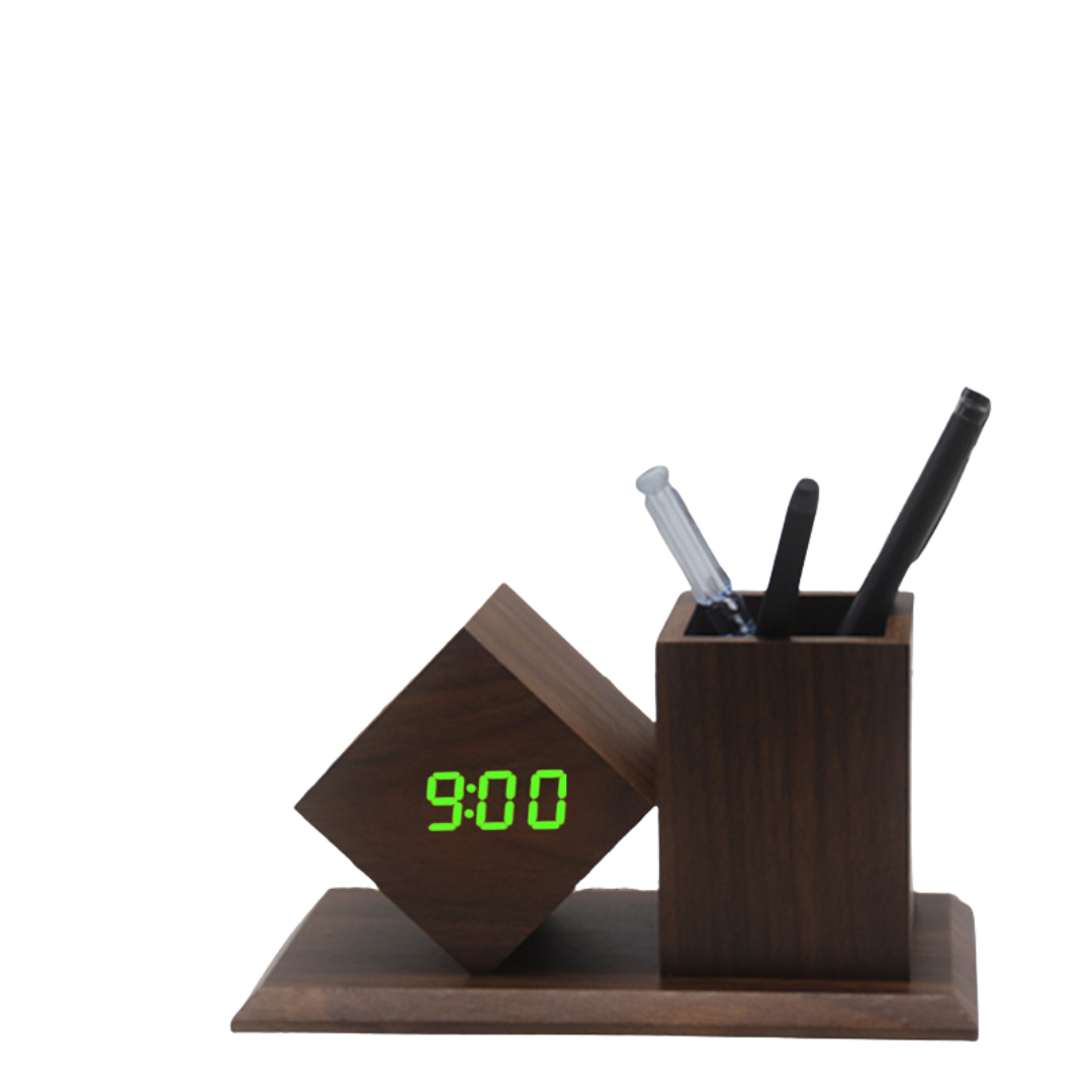 Wooden Desk Pen Holder with LED Clock Multifunctional, Silent Alarm