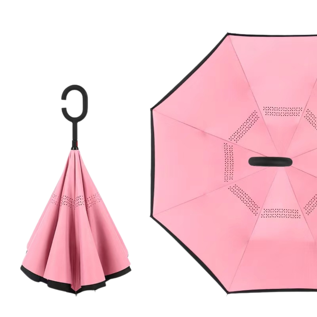 Reverse Straight Umbrella – Manual Double-Layer Canopy with C-Shaped Handle, Long Handle for Car Use, Sun & Rain Protection