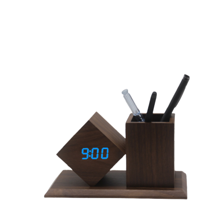 Wooden Desk Pen Holder with LED Clock Multifunctional, Silent Alarm