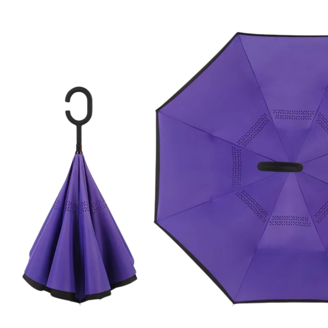 Reverse Straight Umbrella – Manual Double-Layer Canopy with C-Shaped Handle, Long Handle for Car Use, Sun & Rain Protection