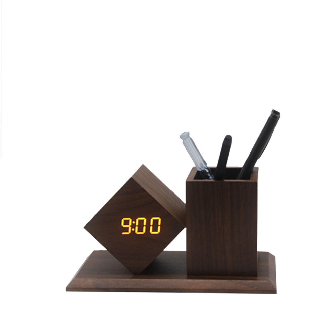 Wooden Desk Pen Holder with LED Clock Multifunctional, Silent Alarm