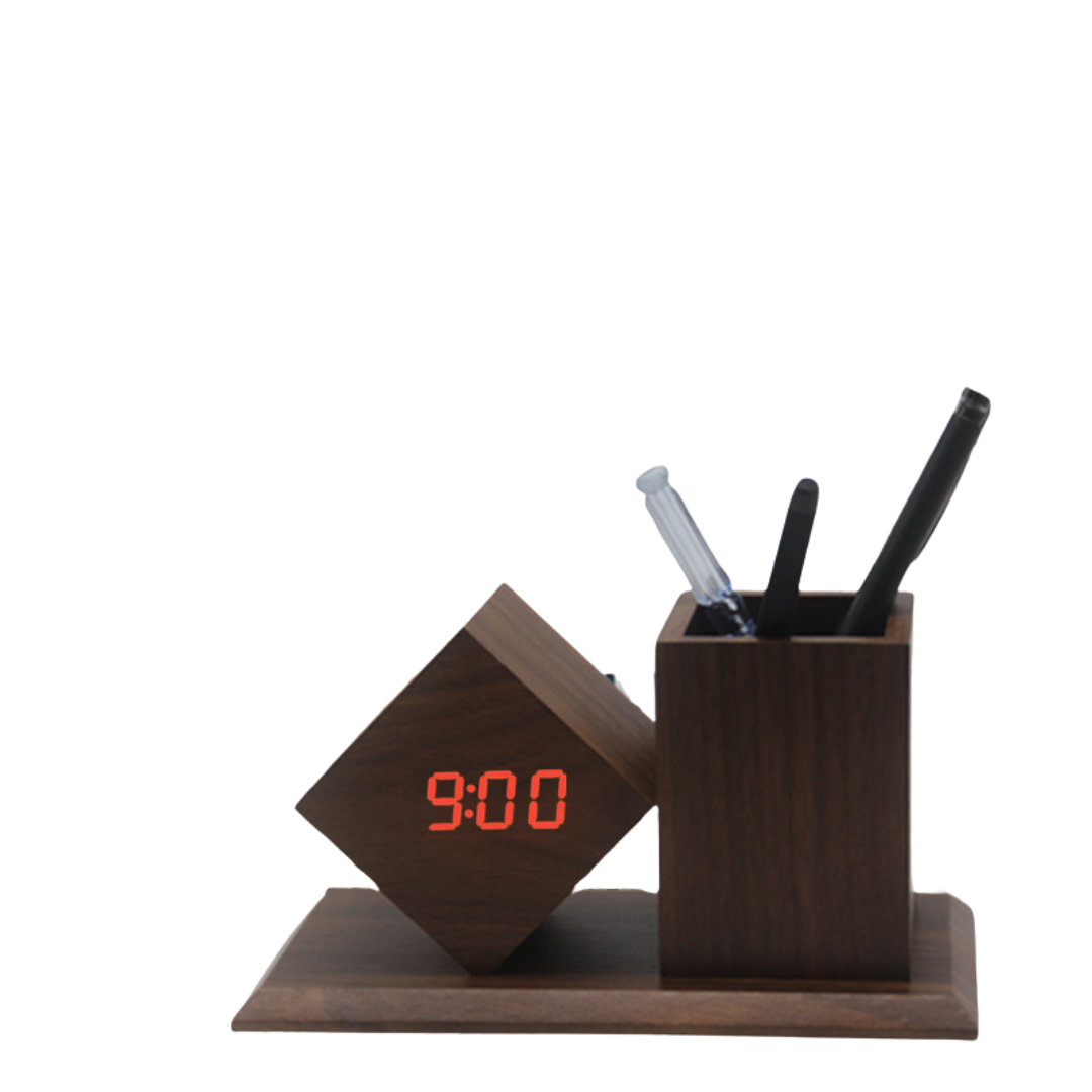 Wooden Desk Pen Holder with LED Clock Multifunctional, Silent Alarm