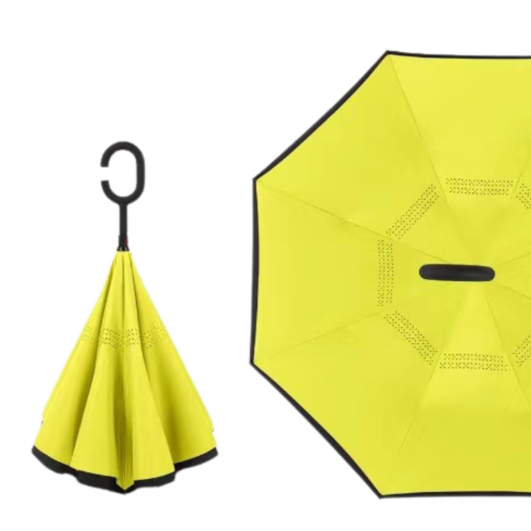 Reverse Straight Umbrella – Manual Double-Layer Canopy with C-Shaped Handle, Long Handle for Car Use, Sun & Rain Protection