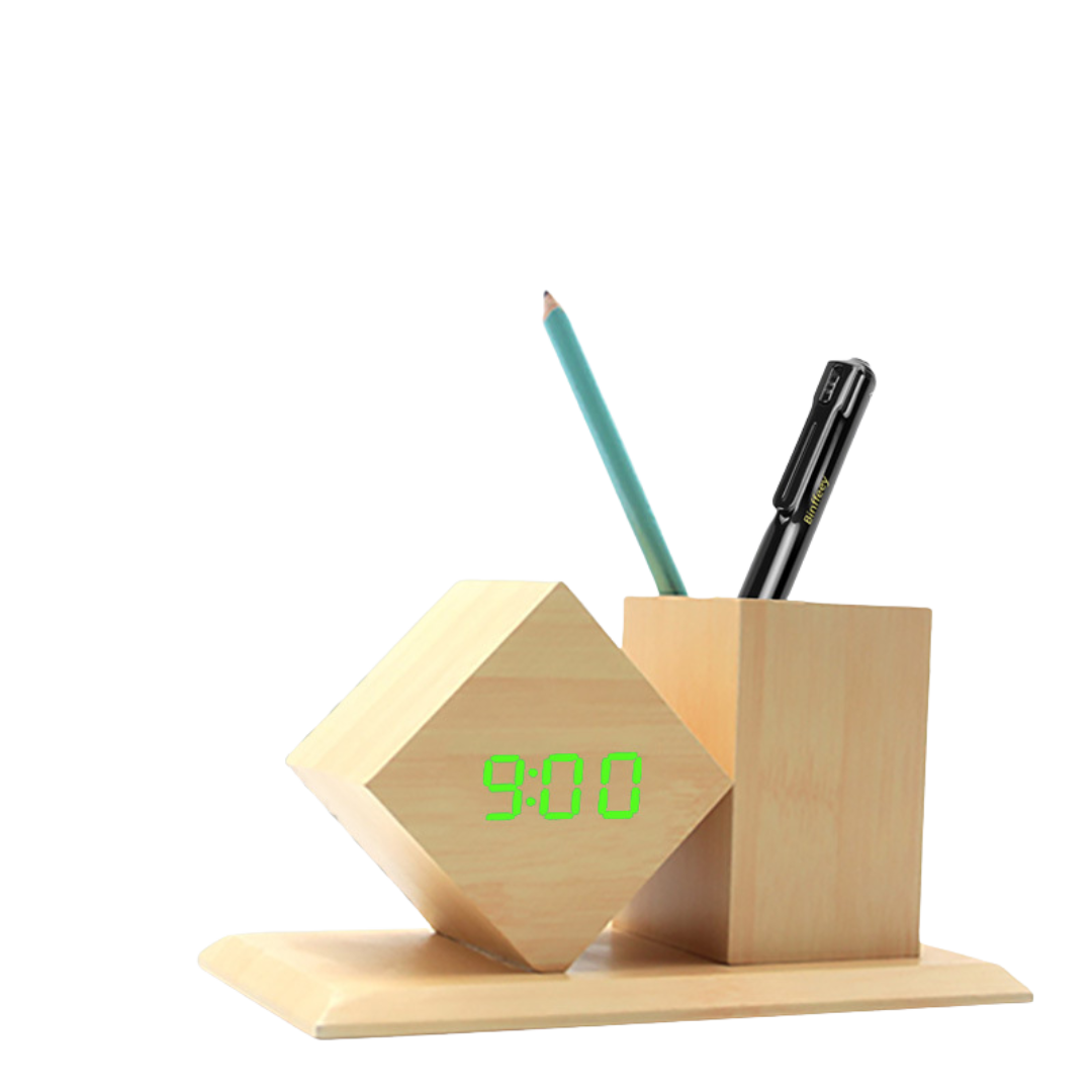 Wooden Desk Pen Holder with LED Clock Multifunctional, Silent Alarm
