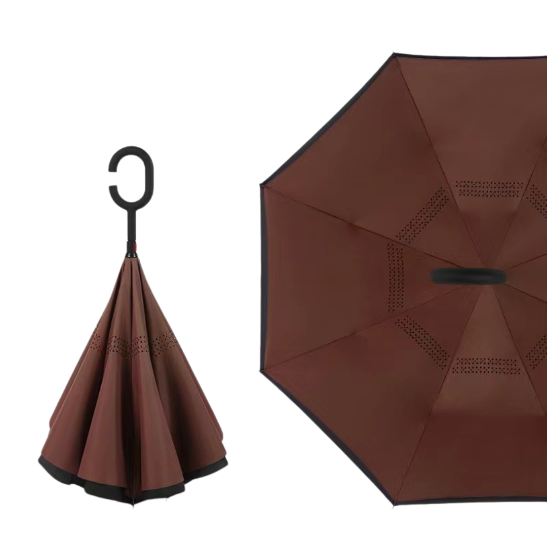 Reverse Straight Umbrella – Manual Double-Layer Canopy with C-Shaped Handle, Long Handle for Car Use, Sun & Rain Protection