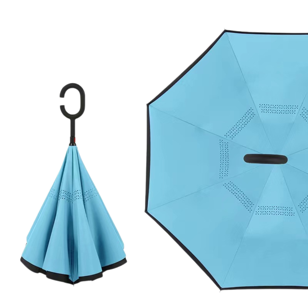 Reverse Straight Umbrella – Manual Double-Layer Canopy with C-Shaped Handle, Long Handle for Car Use, Sun & Rain Protection