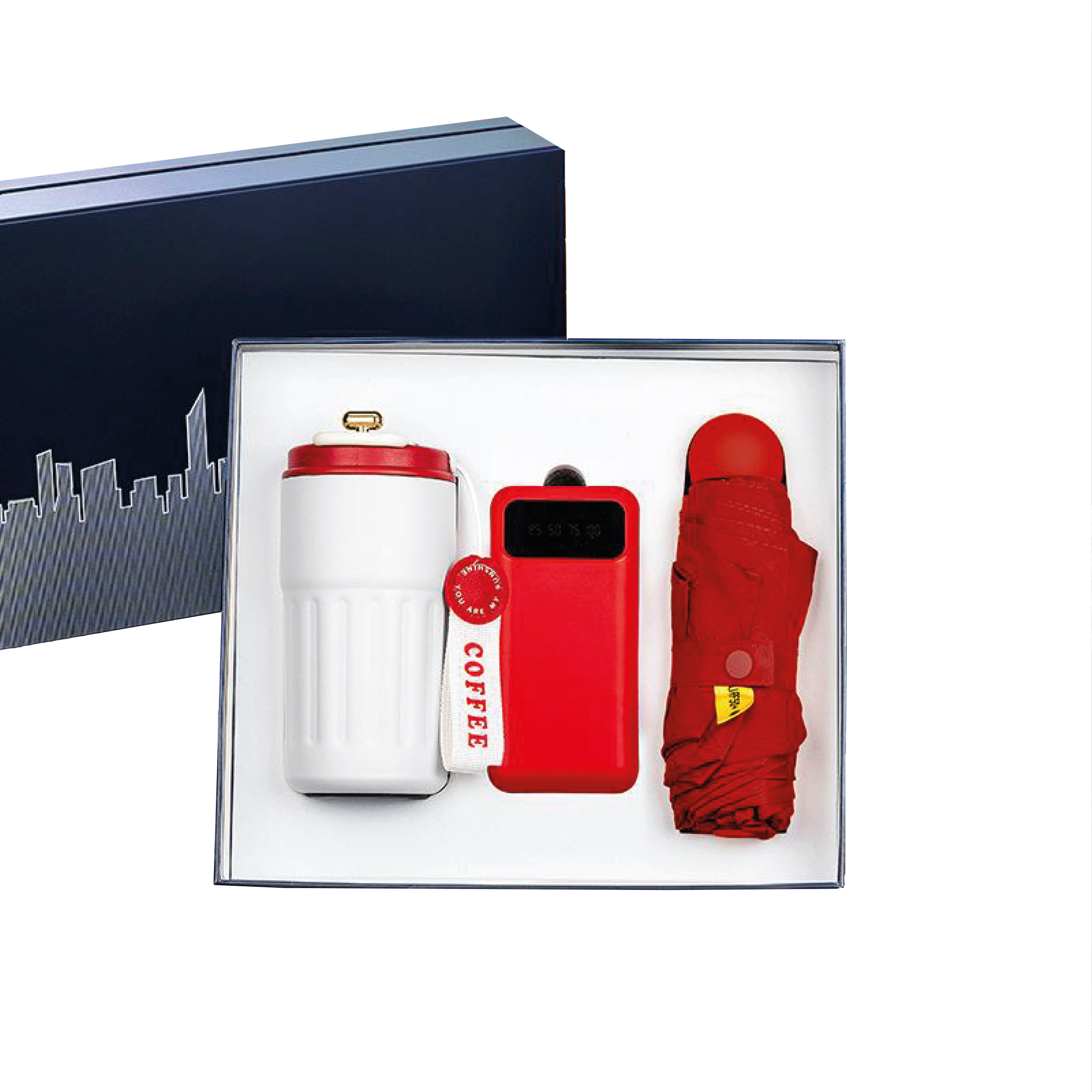 Gift Box 3 in 1 Coffee Flask + Powerbank with cable + Mini Umbrella