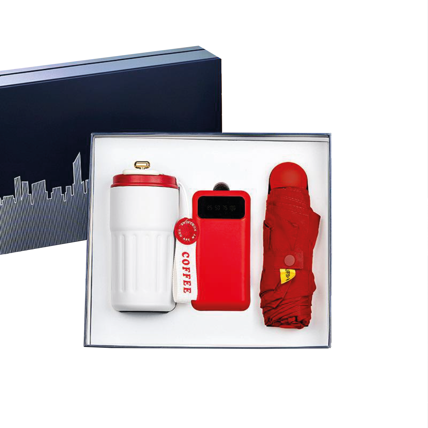 Gift Box 3 in 1 Coffee Flask + Powerbank with cable + Mini Umbrella