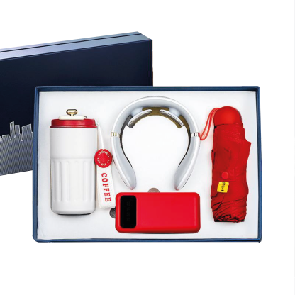 Gift Box 4 in 1 Coffee Flask + Neck Massager + Powerbank with cable + Mini Umbrella