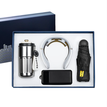 Gift Box 4 in 1 Coffee Flask + Neck Massager + Powerbank with cable + Mini Umbrella