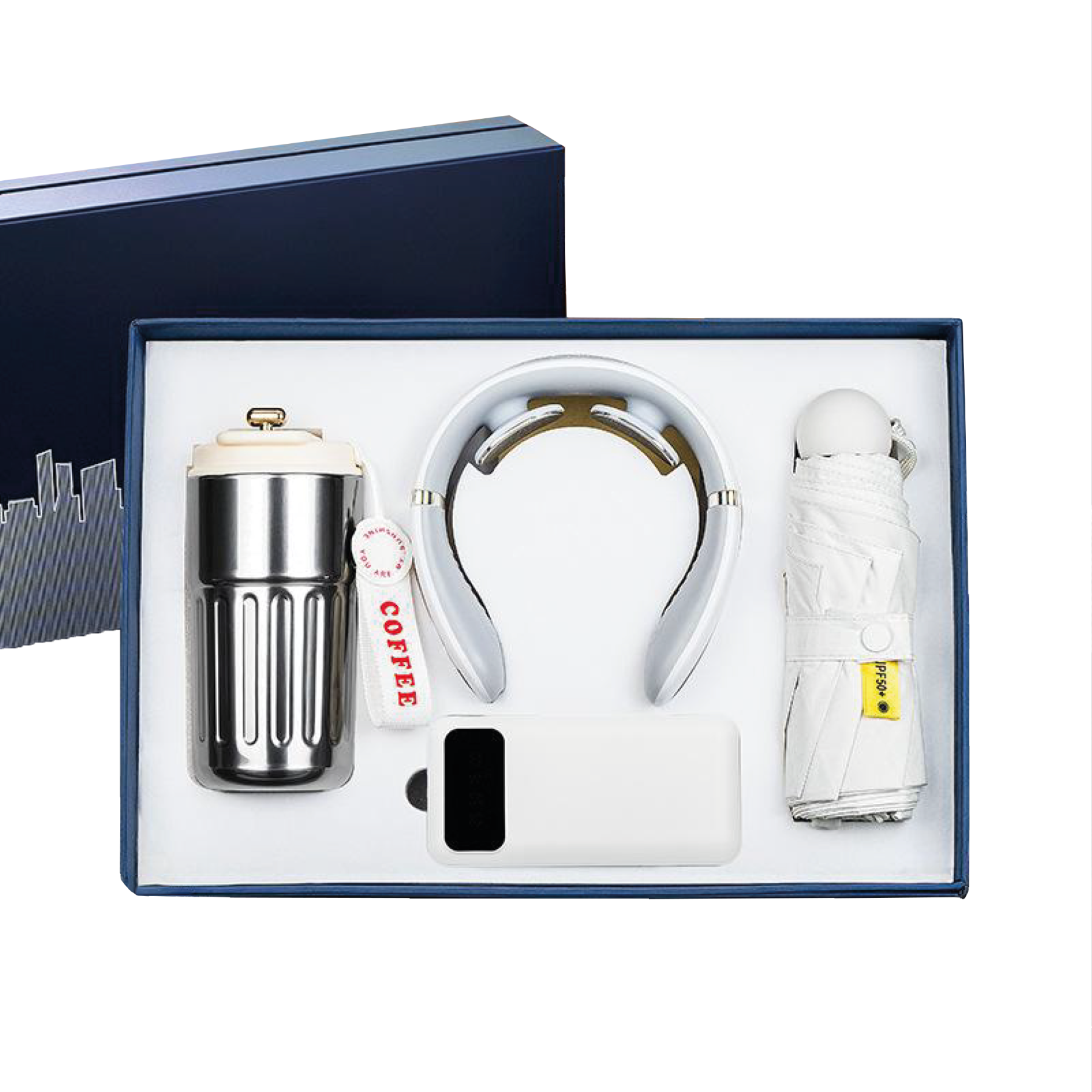 Gift Box 4 in 1 Coffee Flask + Neck Massager + Powerbank with cable + Mini Umbrella