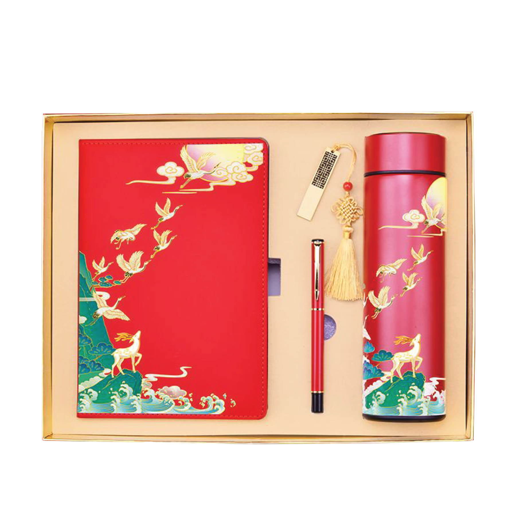 Red Gift Box 4 in 1 Notebook + Pen + USB drive + Smart Thermos