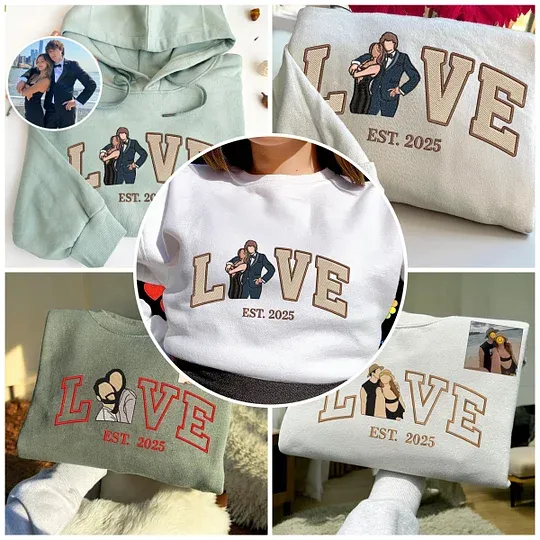 Personalized Embroidered Photo Couple LOVE Est Year Sweatshirt/Hoodie - MyFacepajamasAU