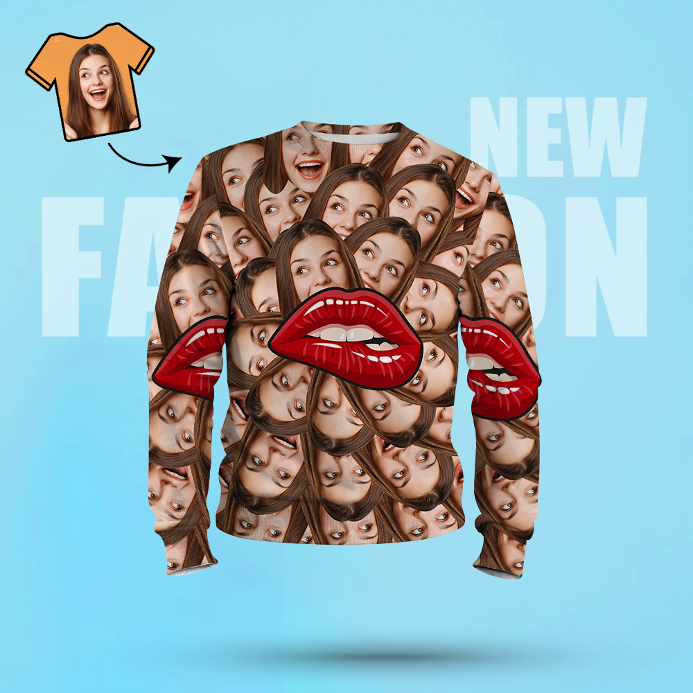 Custom Face Crewneck Sweatshirt Casual Printed Photo Long Sleeve Shirt For Men Women - Lips - MyFacepajamasAU