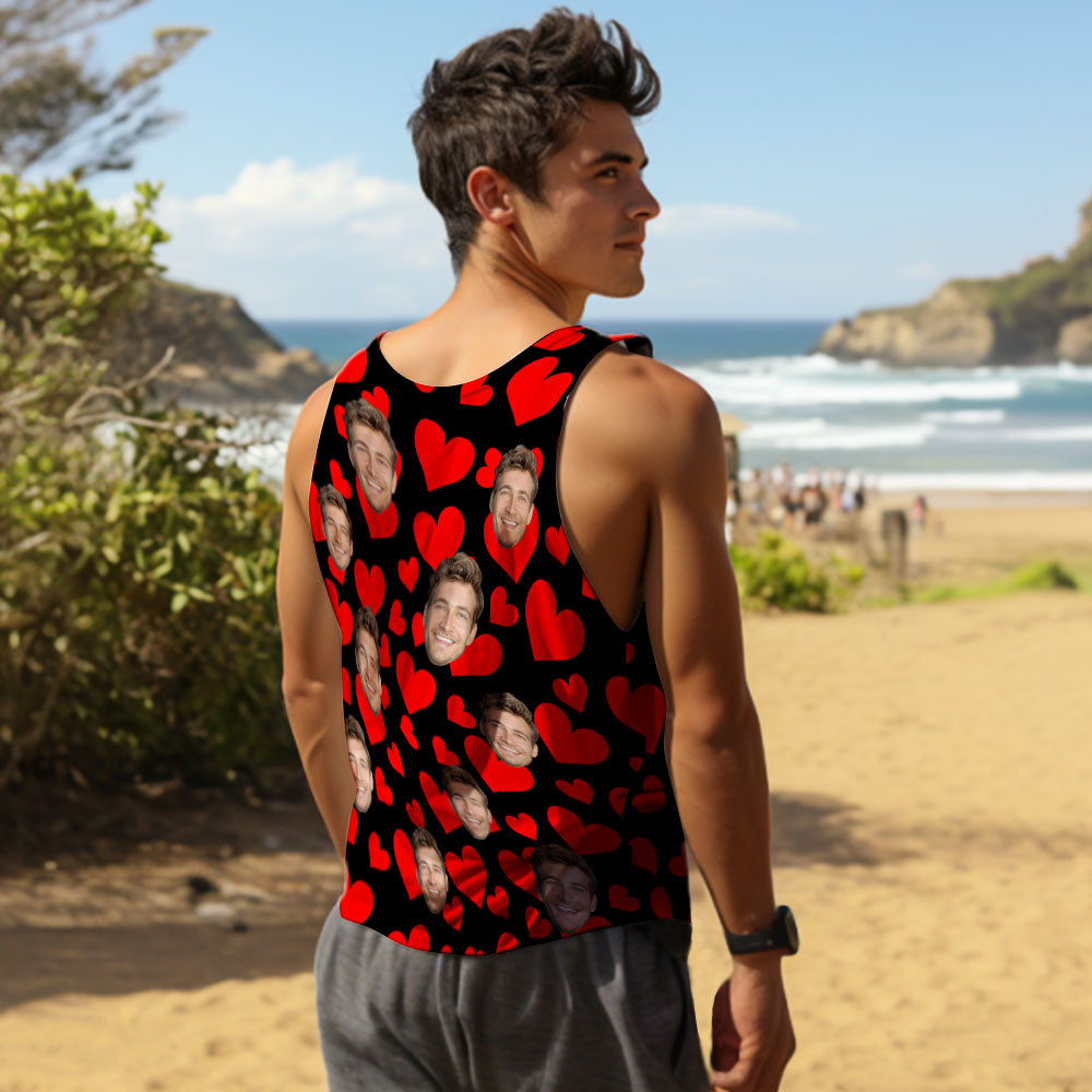 Custom Face Tank Tops Men's Sleeveless Shirt Red Hearts Valentine's Day Gifts - MyFacepajamasAU