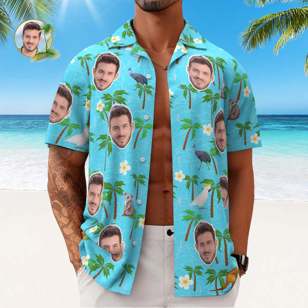 Custom Face Hawaiian Shirt Mens All Over Print Coconut Palm Bird and Flower Gift for Him