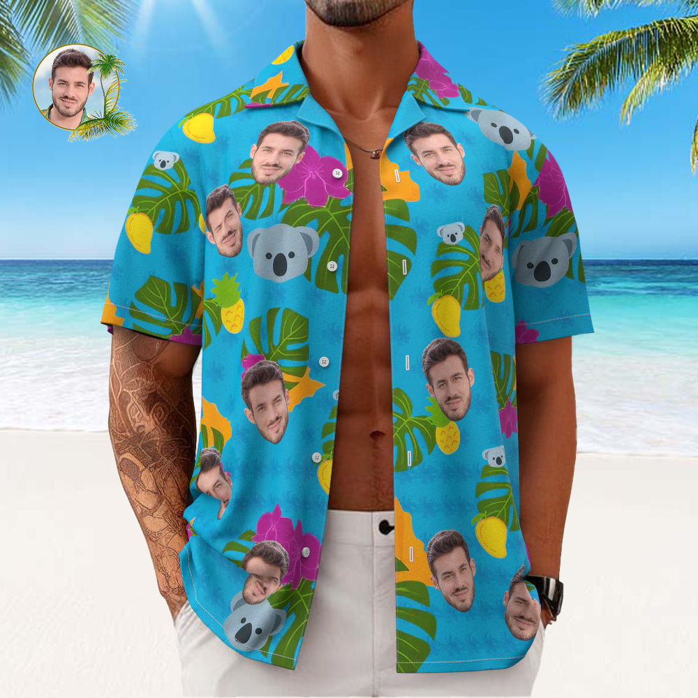 Custom Face All Over Print Men's Hawaiian Shirt Cute Koala and Leaves Gift for Him