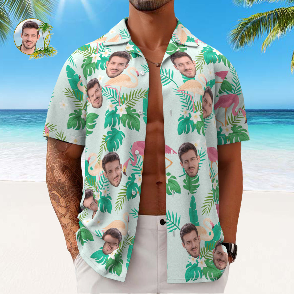 Custom Men's Shirt Face All Over Print  Hawaiian Shirt Green Leaves and Flamingo