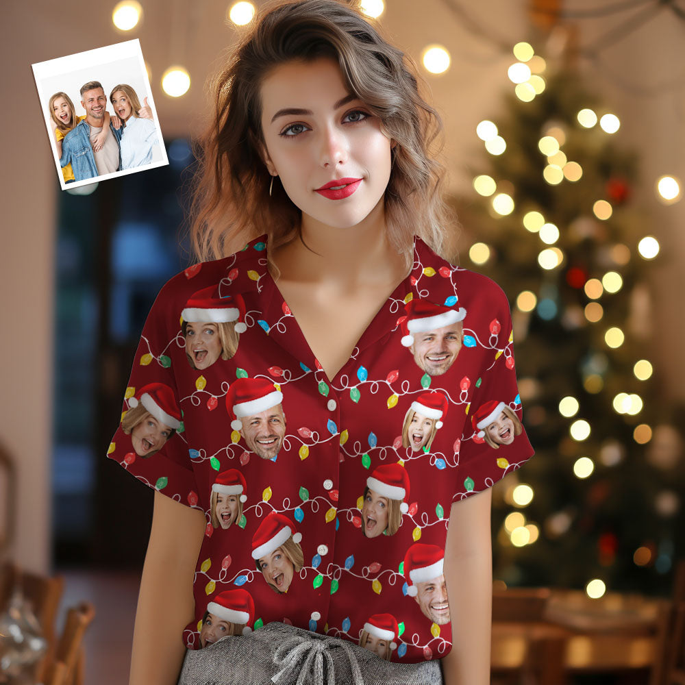 Custom Face Women's Hawaiian Shirts Personalised Photo Christmas Family Xmas Leds Aloha Shirts